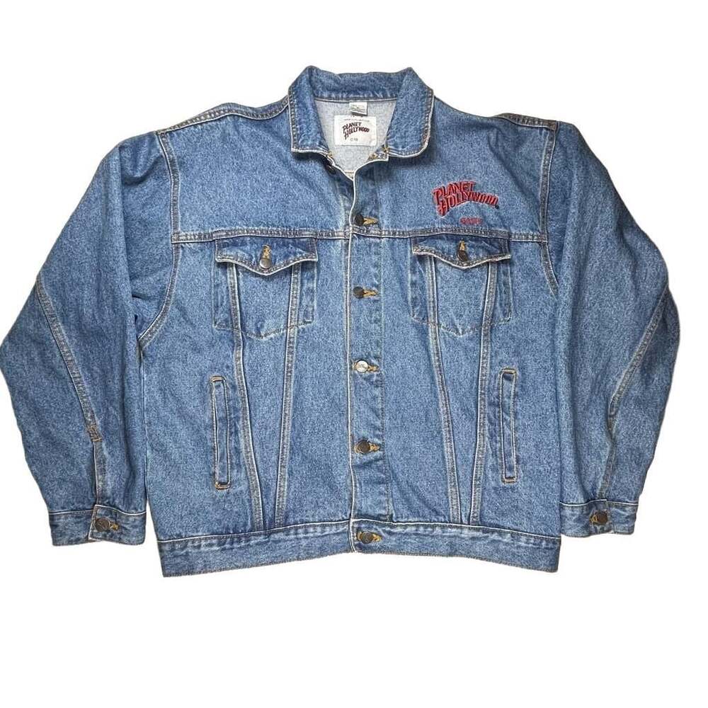 Vintage 90s Planet Hollywood Maui Embroidered Logo Denim Jacket Blue XL
